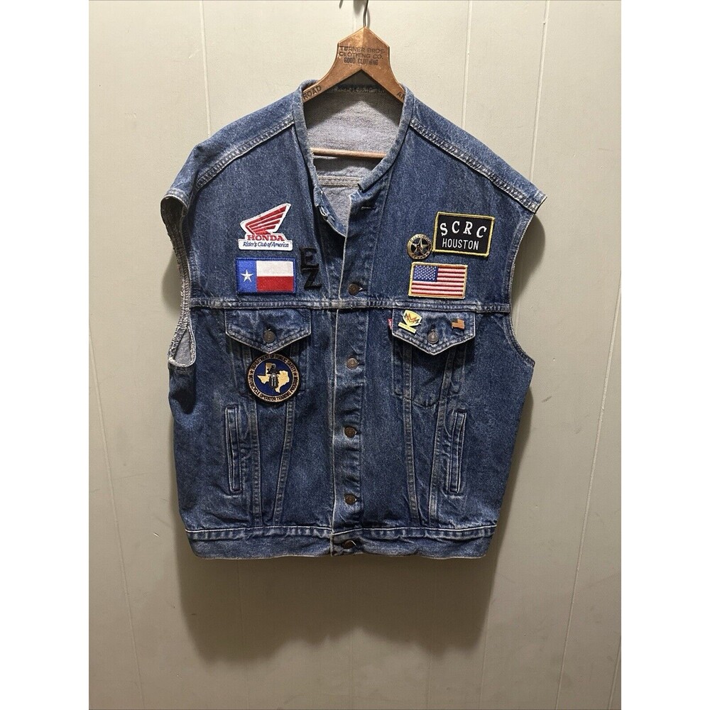 VTG Levi’s Vest Denim Biker Bikercore Patches Rolled Collar Sz Lg 81962-5 Rare